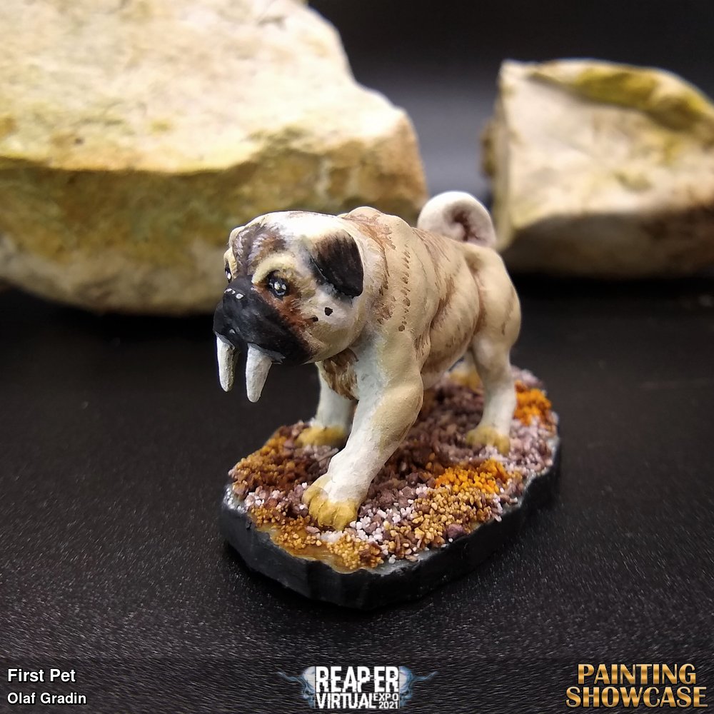 This was a gift made for my mother, who lives in an area of Texas that a) could have random, saber-toothed pugs still roaming the badlands, and b) gives context to the basing and setting of the mini. My mother used to have a pug when she was a little girl, so I thought she'd appreciate this ferociously cute keepsake as a reminder.