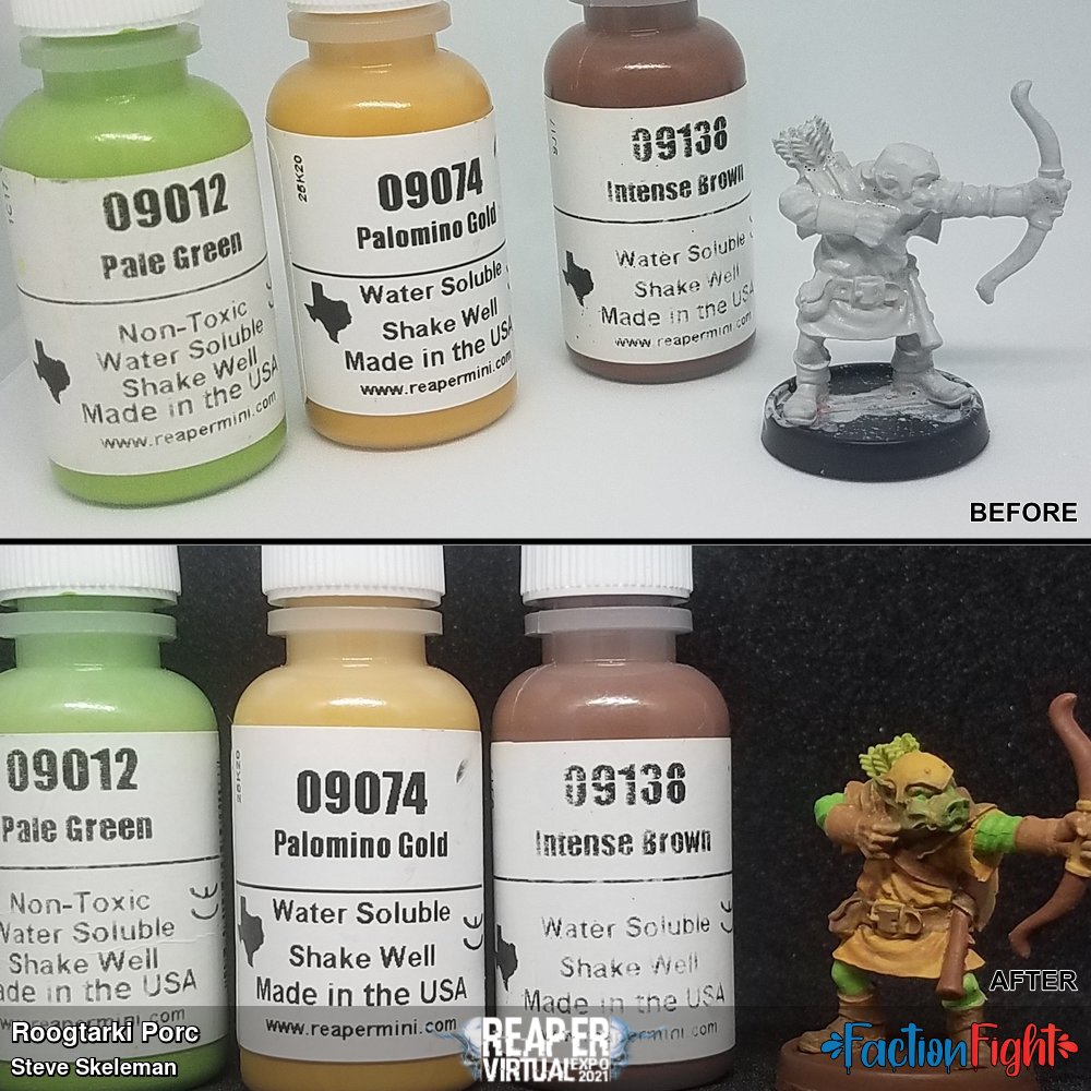 Space Bugbears have strong allies: Pig Faced Orcs! Model is by RBJ Miniatures, sculpted by Bobby Jackson. Color scheme is Roogtarki, colors chosen from Option 1 list, primed with Vallejo grey surface primer.