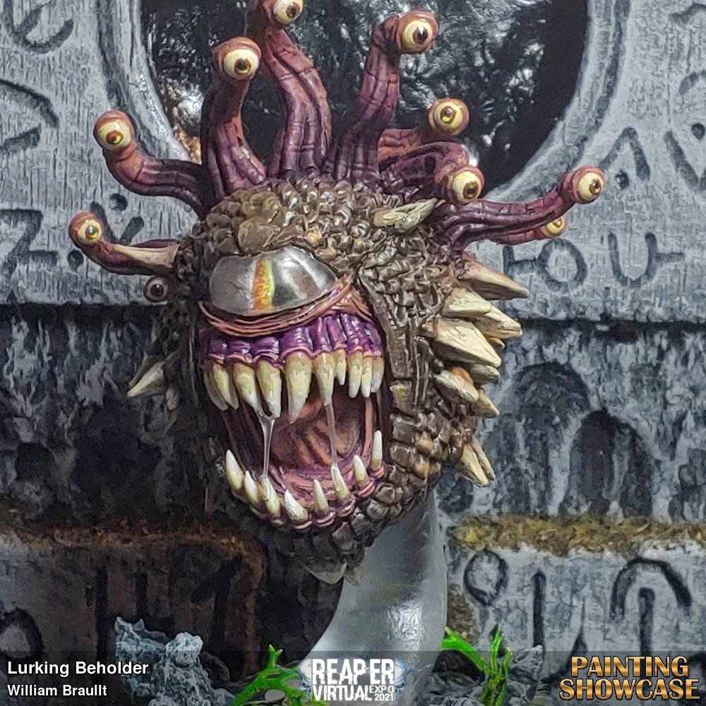 A hungry beholder waits near a magical portal ! I used a number of different techniques on this miniature.The main body is dry brush of brown. The bone spurs and teeth is layering of light brown to off white.The eye stalks have been defined with purple washes making them darker at the base. The main eye is wet blending and stipple effects. I did my best to represent a reflection in the smaller eyes and the gums and tongue have purple edge highlights. The drool effect is applied with hot glue. 