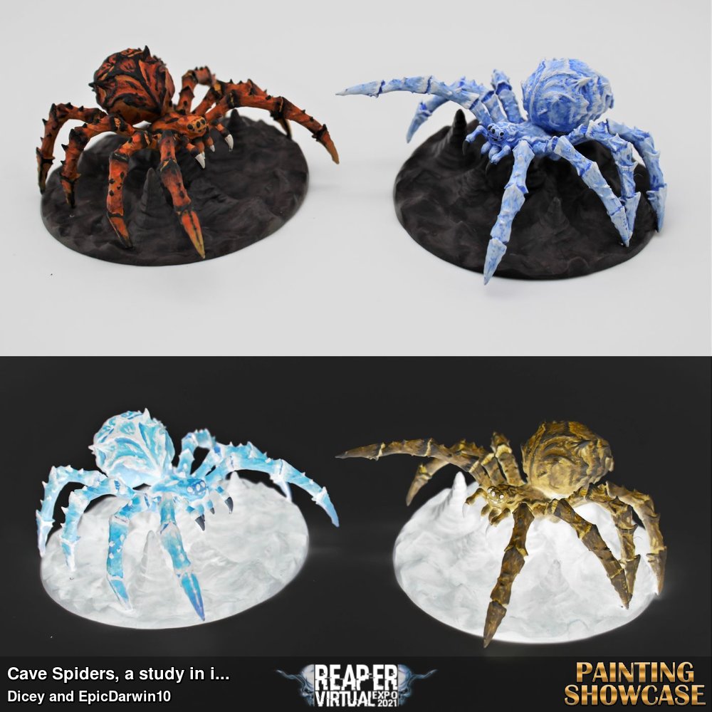 For January's Reaper Challenge League, my husband and I decided to paint our two cave spiders in the theme of fire and ice. I thought it would be really neat if we could paint them as inverse opposites of each other. My fire spider and his ice spider would look more or less like the other if the colors were inverted, as shown. We had to communicate a lot to get each section to turn out similarly, and had to use different techniques to get them to look good individually. It was a great learning experience.