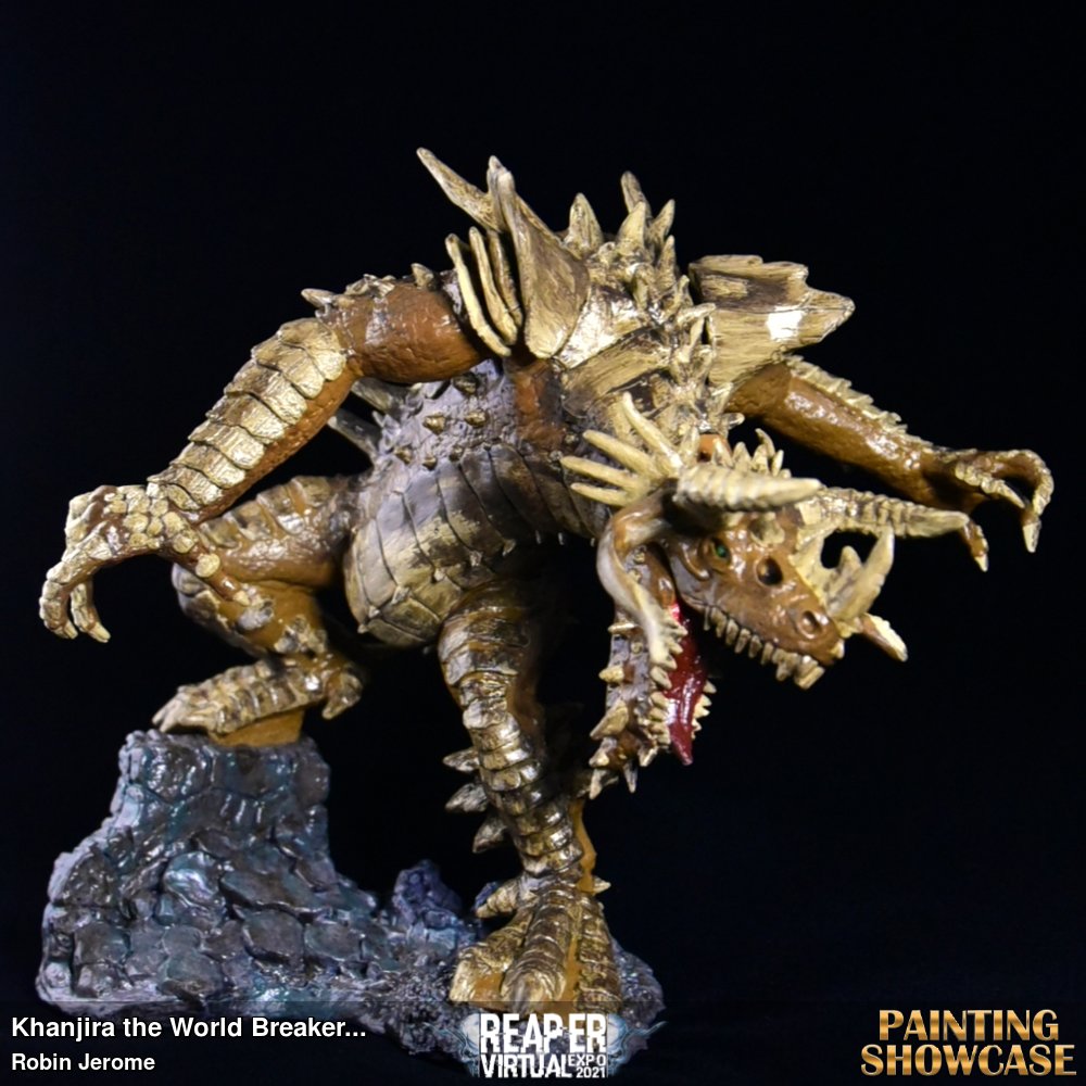 Run, don't hide, from Khanjira the World Breaker! This beast was painted to surprise an adventuring party during an epic Level 20 one-shot. Khanjira was painted with Reaper paints over the course of 4 months. The goal was to make this monsters bones and spikes look weathered by age and exposure.