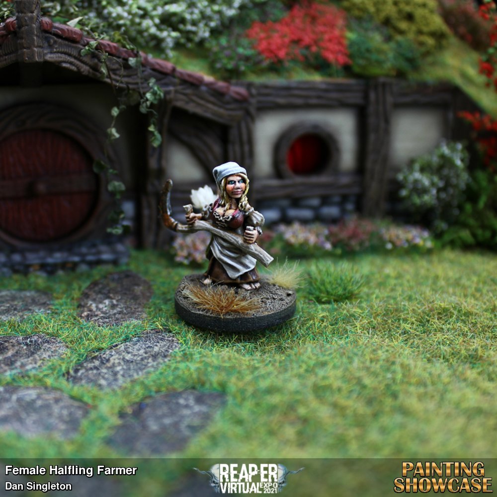 During lockdown I had a go at building a Hobbit Hole, and needed some miniatures to go with it.  Reapers Halfling Farmers (SKU: 03729) were just what I needed, I painted them up and repurposed them as Halfling Gardeners.