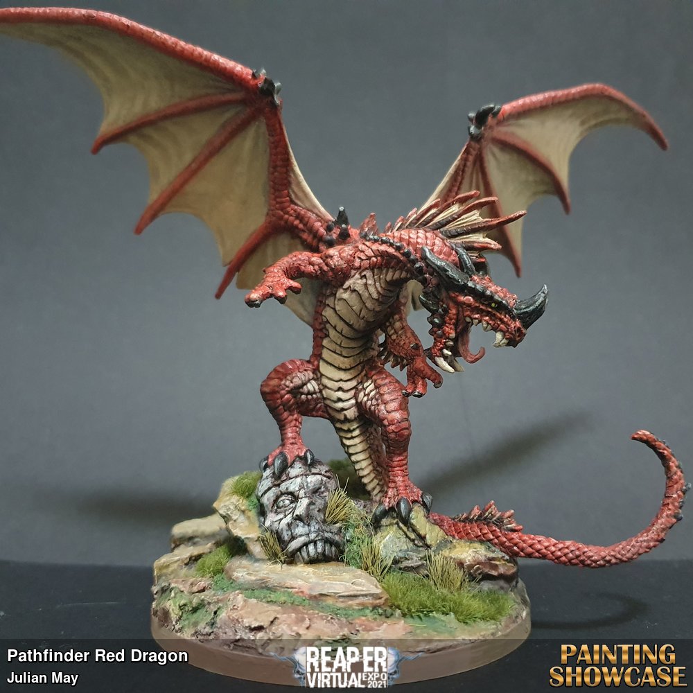 This model will be used as the red dragon shape of y friend's wizard PC in my Pathfinder game. It was my first completed model that started with airbrushing, and emphasizing contrast. I built up the base with rocks, carboard, and modelling paste, then painted it by wet-blending in colourful earthy tones.