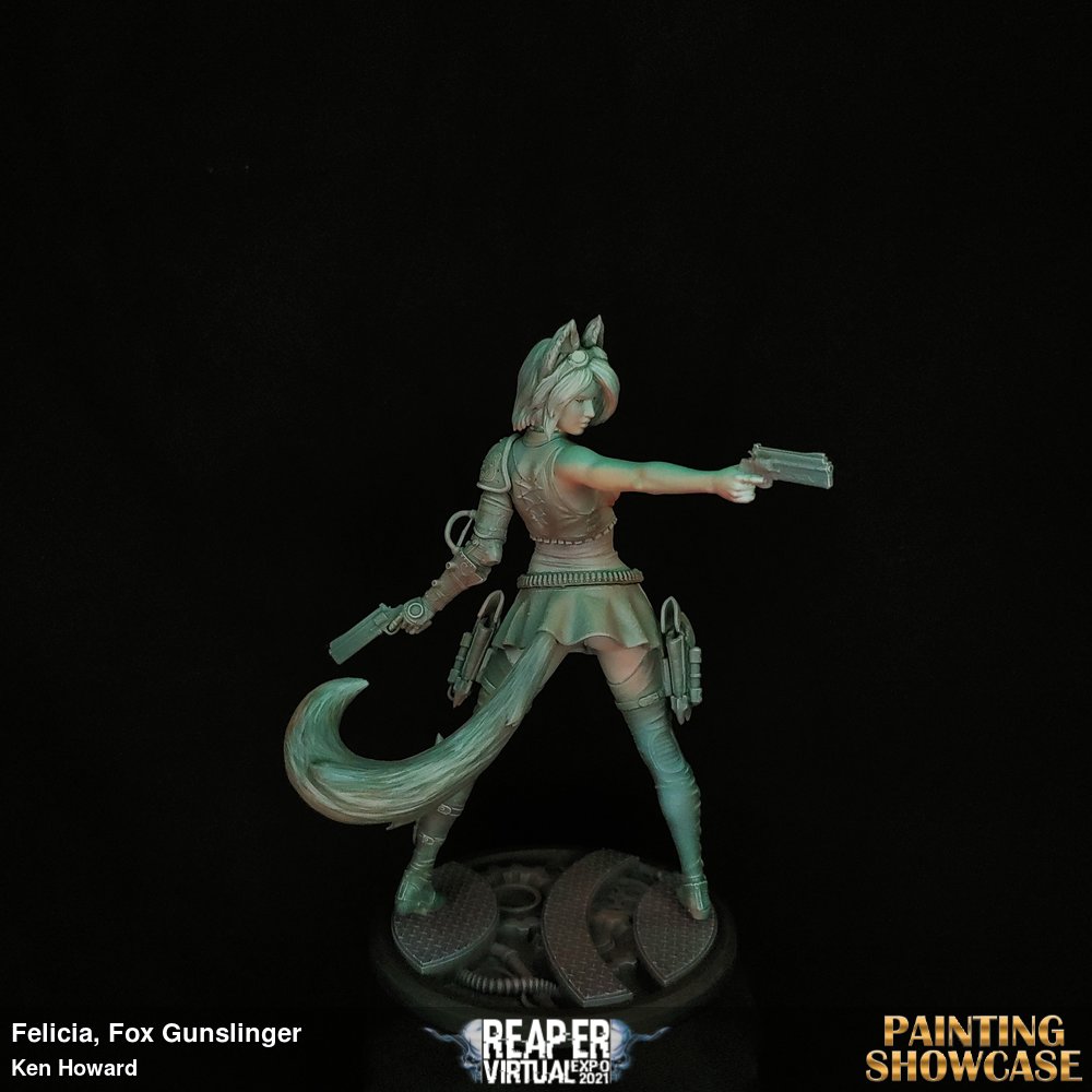 I was asked to paint this pinup like a statue, but with glowing Jedi lightsabers.  Peacock Green formed the base over a zenithal prime, with Gunpowder Brown, Noir Black, and Linen White offering variations on the stone color.  The request came from someone who liked the 3d render of this sculpt (from Ben Douglas, "Ritual Casting"), so it was painted to reflect that.