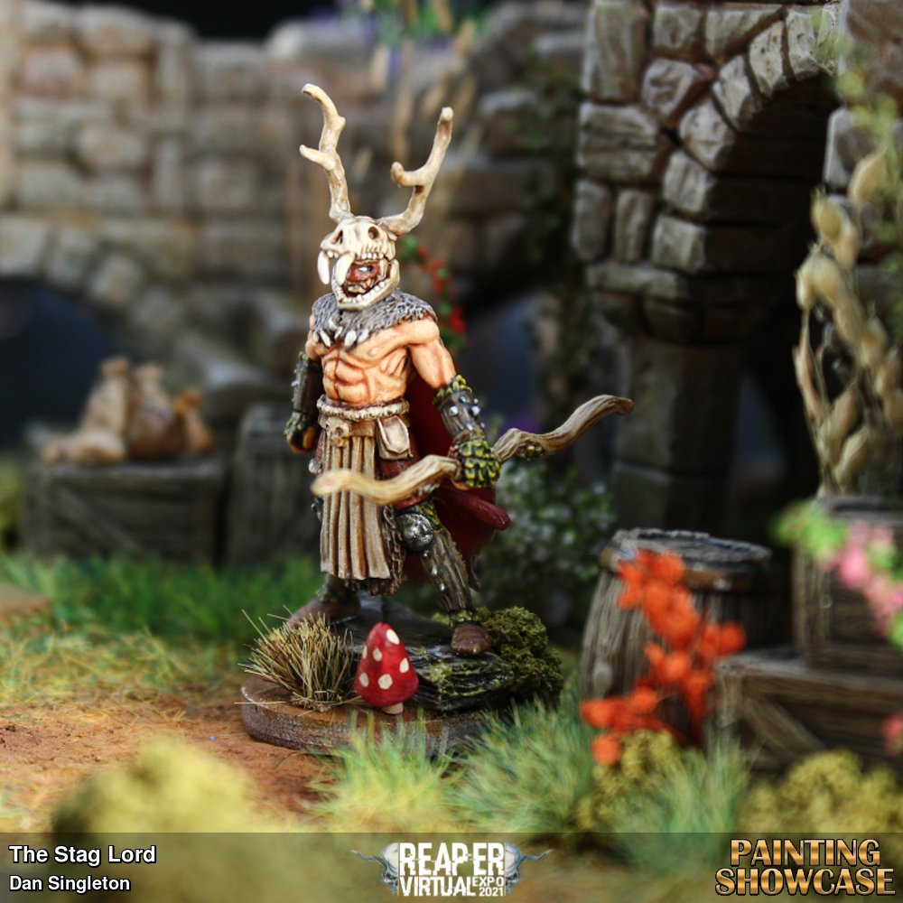 This is the Stag Lord (SKU: 60073), one of the antagonists from the Pathfinder RPG, whom I picked after playing and becoming obsessed with Pathfinder: Kingmaker.  I had built a small ruined keep over the lockdown and without giving away any major Pathfinder spoilers, the Stag Lord just seemed like the ideal miniature to showcase on it.  Overall I really enjoyed painting him, he was great skintone practice! 