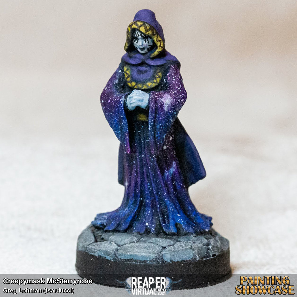 Figure actual name is Aglanda, Herald Of Razmir, from the Bones Pathfinder line.  Applying the galaxy cloak technique I learned from Kevin Holderny at Reapercon 2020!  Plus some modest freehand attempts.  painted for last years Pathfinder contest on the reaper facebook.