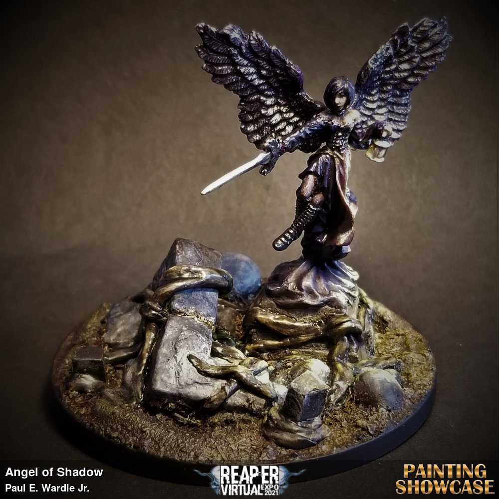 This is the Angel of Shadows. The base is DIY and is made from house hold objects and green stuff putty as well as ground cover from dried herbal tea. 
I tried to keep the colors dark and subdued. I also included OSL from the lantern.