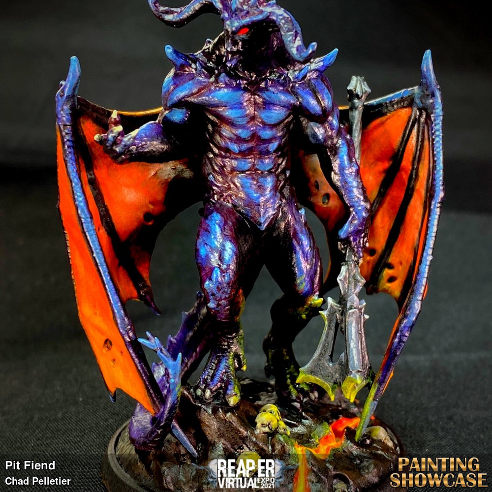 This is a Pit Fiend 3D print I painted with my first attempt at lava effects. I blended several shades of reaper orange and reds to the wings to give the blended effect. Fire Orange and Volcanic Orange are go to colours for any deep orange or lava effects. 
I used clear purple on the base coat and built up different shades of blue to get the desired skin tones. 