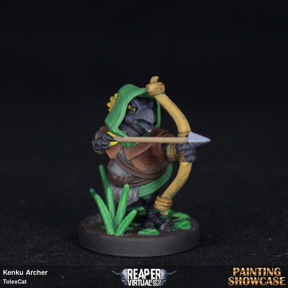 Focused on wet blending to make the fabric transitions smooth and tried some subtle highlights to make the black feathers of the Kenku stand out versus just being flat black. 