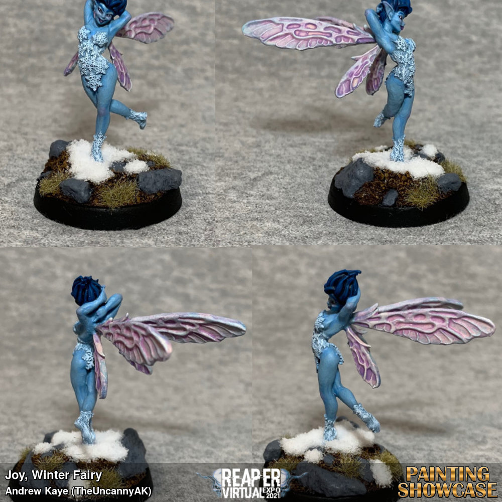 Experimented with iridescence on this one. I painted the wings white and then gave them successive washes of pink, blue, and purple.
