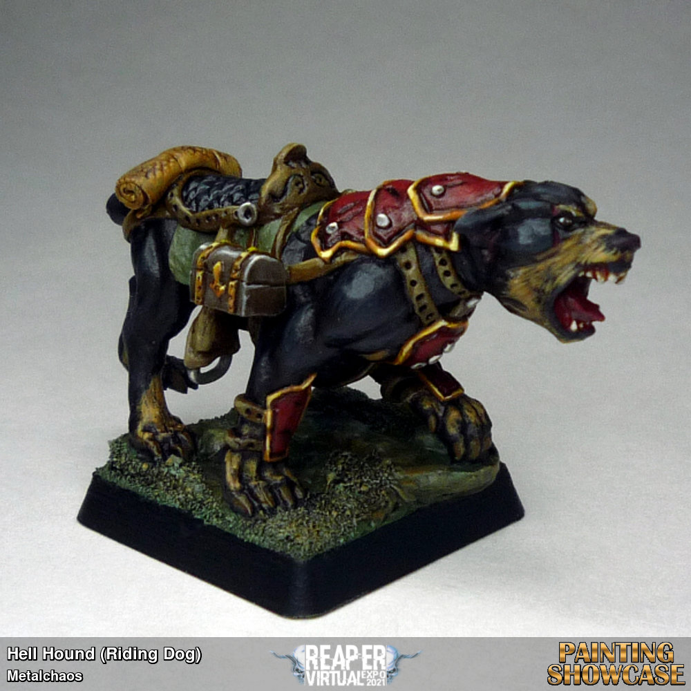 Reaper Miniatures 77038, Hell Hound sculpted by Ben Siens. Converted to a Riding Dog.