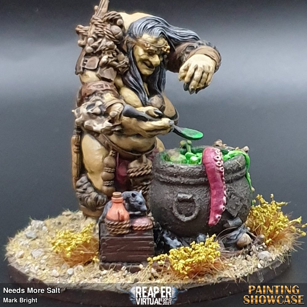 This ogre witch just puts anything in the pot. Her mate clubs it. She makes grub from it.  