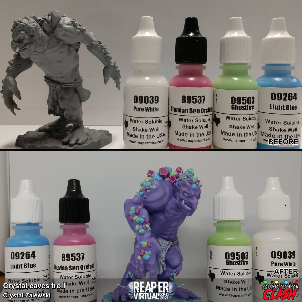 Rock troll painted in the original quad clash fashion of 4 colors only. Lots of creative mixing with layering for highlights.