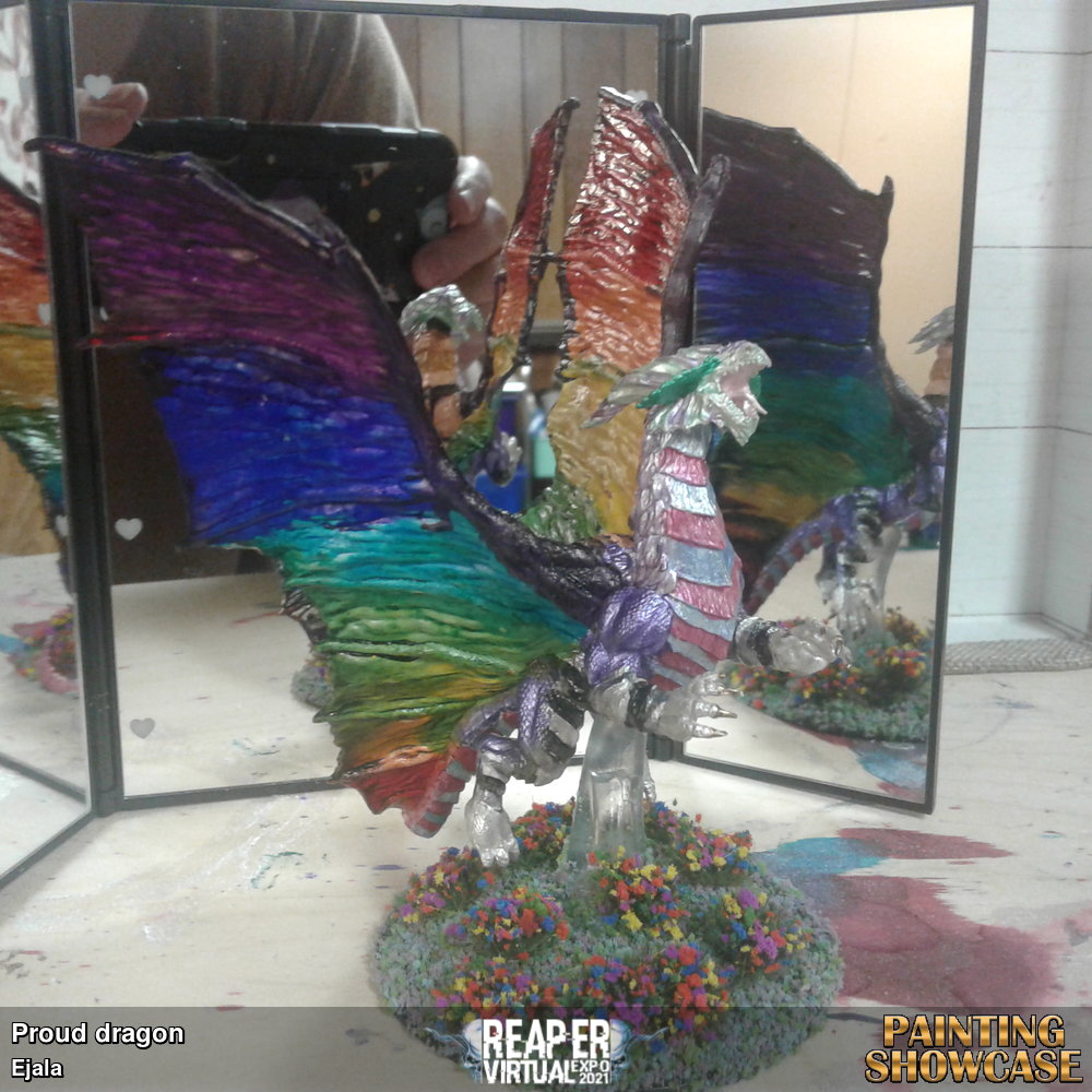 An exercise in capillary action and ink.  A Wizkids' metallic dragon, forget which metal.  The wings have a ridged texture running from shoulder to edge, which worked to wick the inks along in an orderly fashion, while still allowing them to blend at the boundaries.  Other pride flag colors added to body with metallic paint. 
