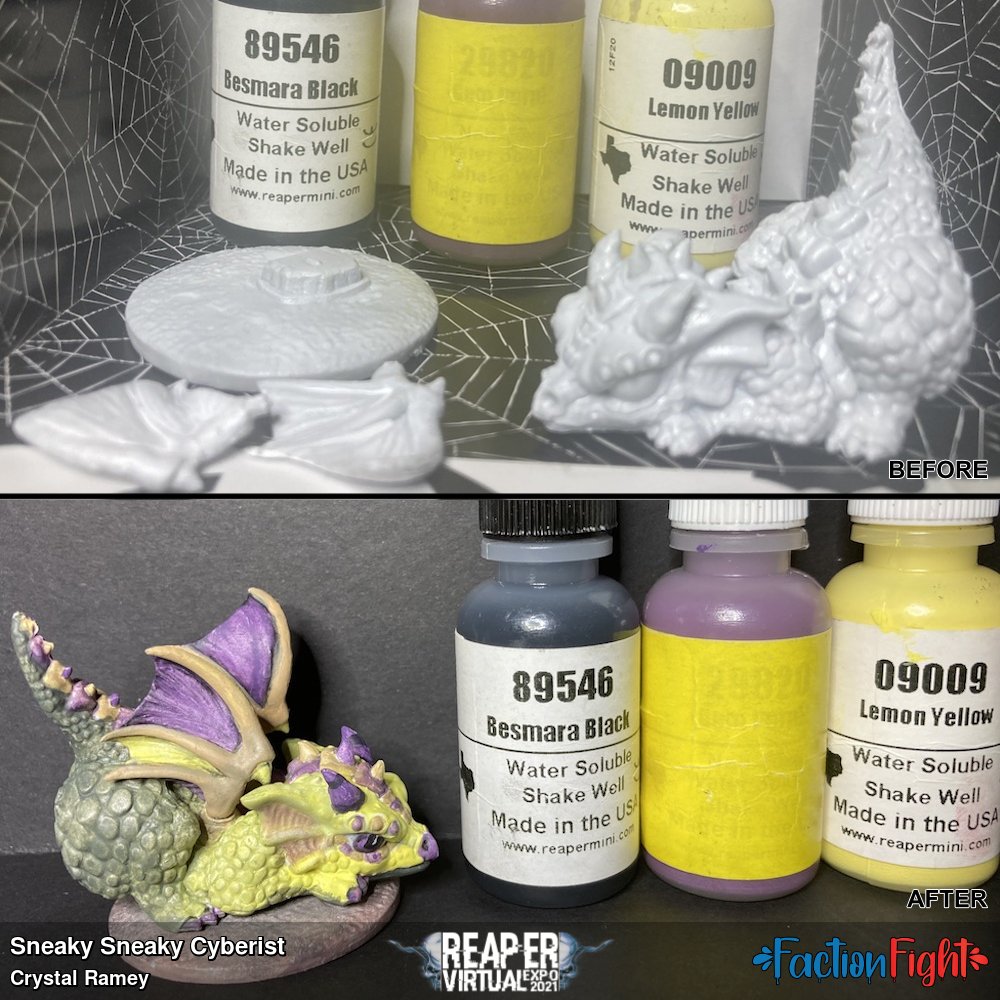 When painting my first faction fight pice, I realized lemon yellow and besmara black created a nice green color. I decided I wanted to challenge myself to do an ombre color transition. I did this by starting with lemon yellow, then 4:1 ration yellow to black, then 3:1 and down to 1:1. The beige colors were made from mixing gem purple with lemon yellow in a 2:1 ratio. So my sneaky rocky is sneaky in that it is not the expected colors from the cyberists choices. 
